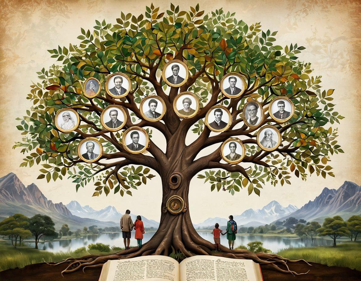 A beautifully detailed family tree, branching out with ornate leaves representing diverse cultures and lineages. At the base, a magnifying glass revealing historical documents and ancestral portraits. In the background, a serene landscape symbolizing various ancestral homelands, merging tradition and modernity. Warm, inviting colors enhance the sense of discovery and connection. super-realistic. vibrant colors. 3D.