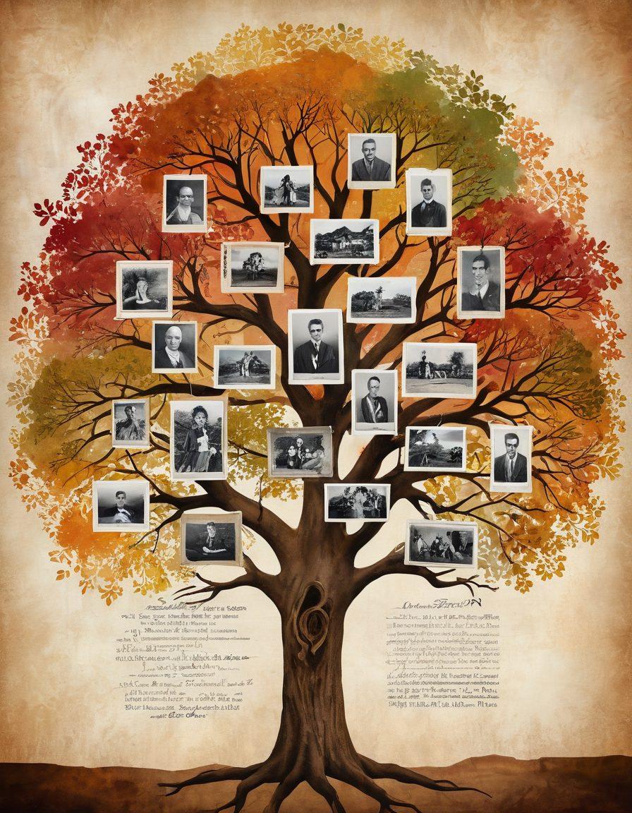 A vibrant family tree with intertwining branches representing diverse heritage stories, surrounded by vintage photographs, parchments, and heritage artifacts. The backdrop features a rustic landscape symbolizing historical roots, with subtle hints of a treasure map leading to riches. Warm, inviting colors evoke a sense of nostalgia and discovery. realistic painting. vibrant colors.